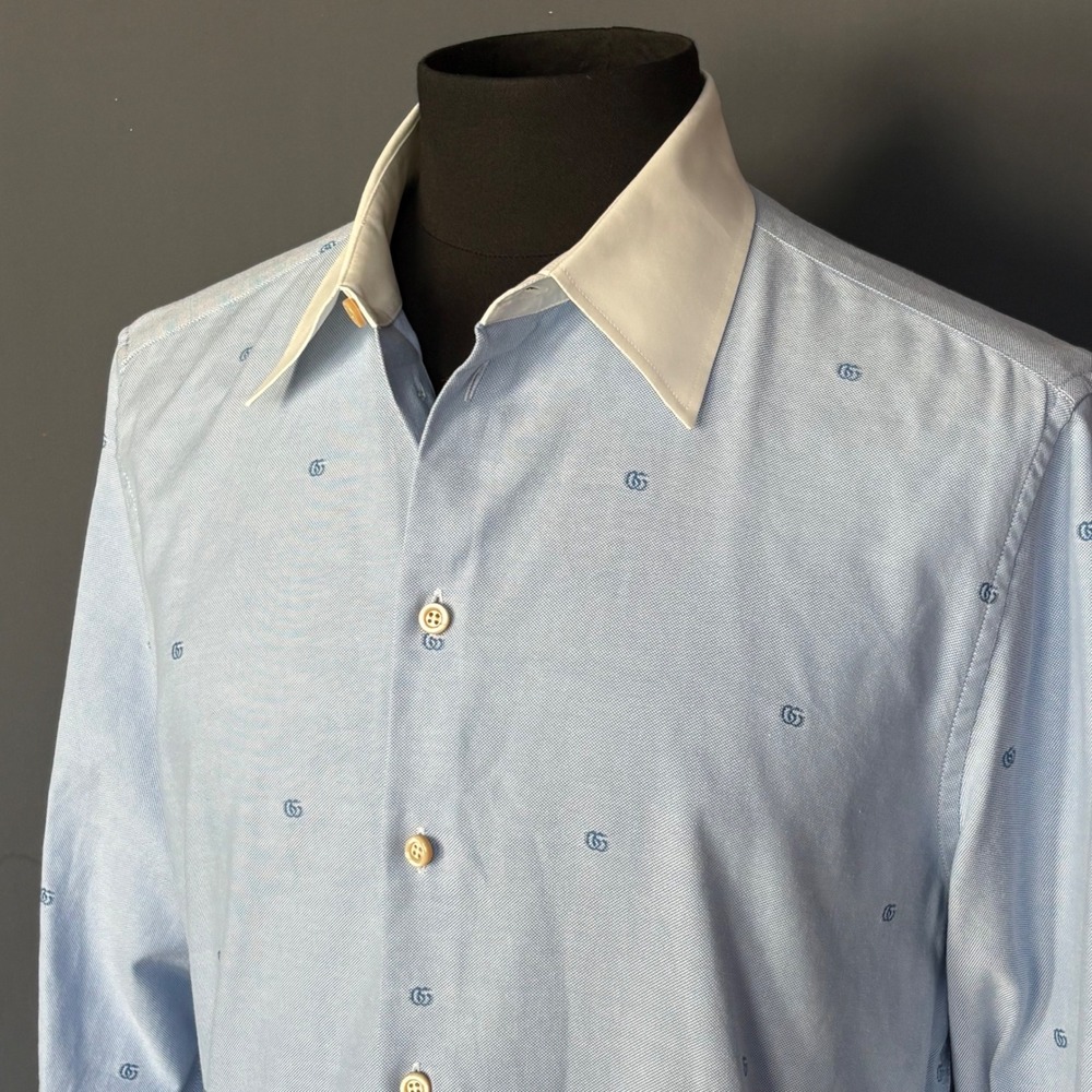 Gucci Uniform Embroidered GG Logo Shirt | Size 41/16 | Light Blue